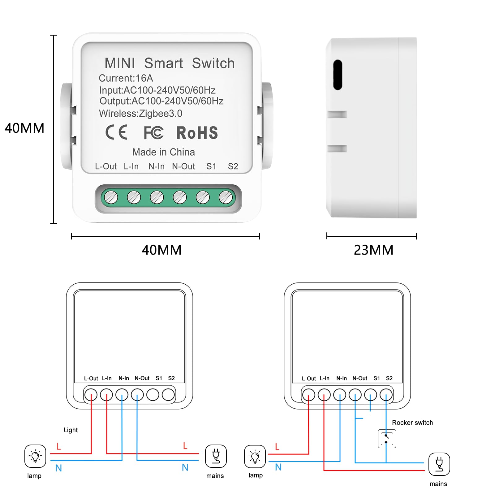 Zigbee Smart Switch, przełącznik światła Alexa, mini inteligentny włącznik światła, sterowanie głosem za pomocą Alexa i Google Home, wymagany przewód neutralny