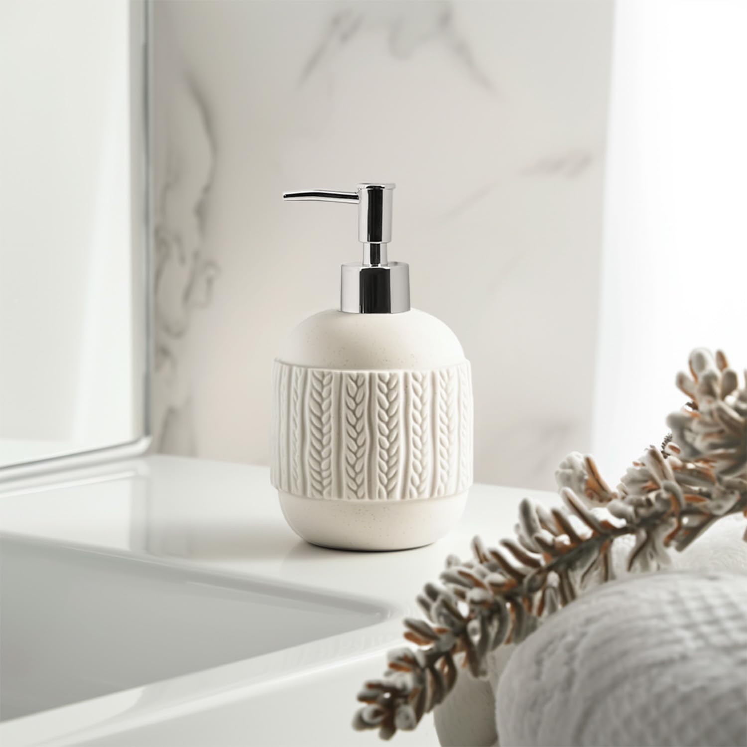 SOCOSY Dozownik mydła z białej porcelany, dozownik mydła do rąk z pompką, wielokrotnego napełniania butelka na mydło do rąk do kuchni łazienki - wzór dzianinowy