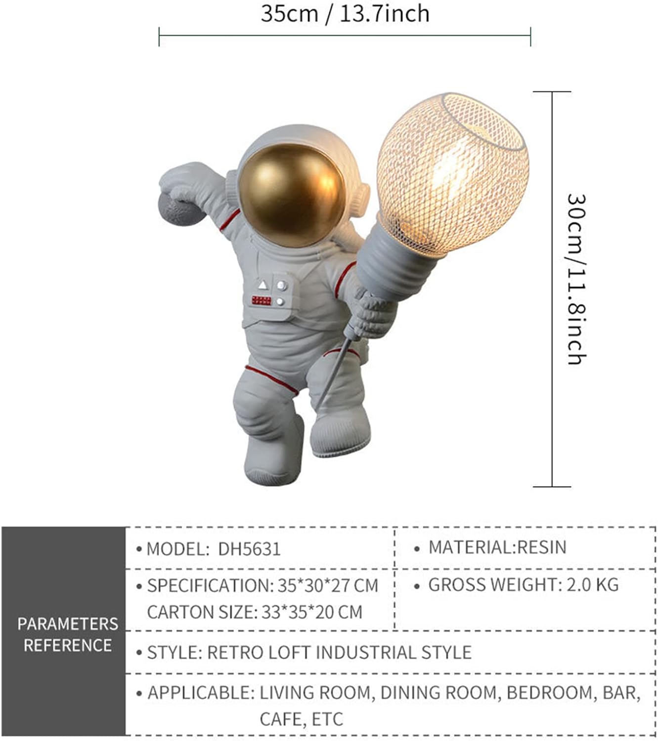 Light Astronaut Wall Lamp Creative Resin Wall Sconce for Children's Room with Plug Lighting Fixture for Boys Girls Bedroom Christmas Atmosphere Lamp,Black (Color : White)