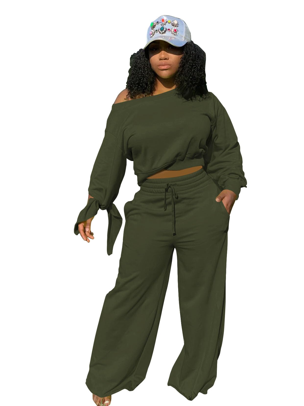 Womens 2 Piece Outfits Casual Solid Sweatsuits Baggy Long Sleeve Loose Matching Wide Leg Tracksuit Pants Sets