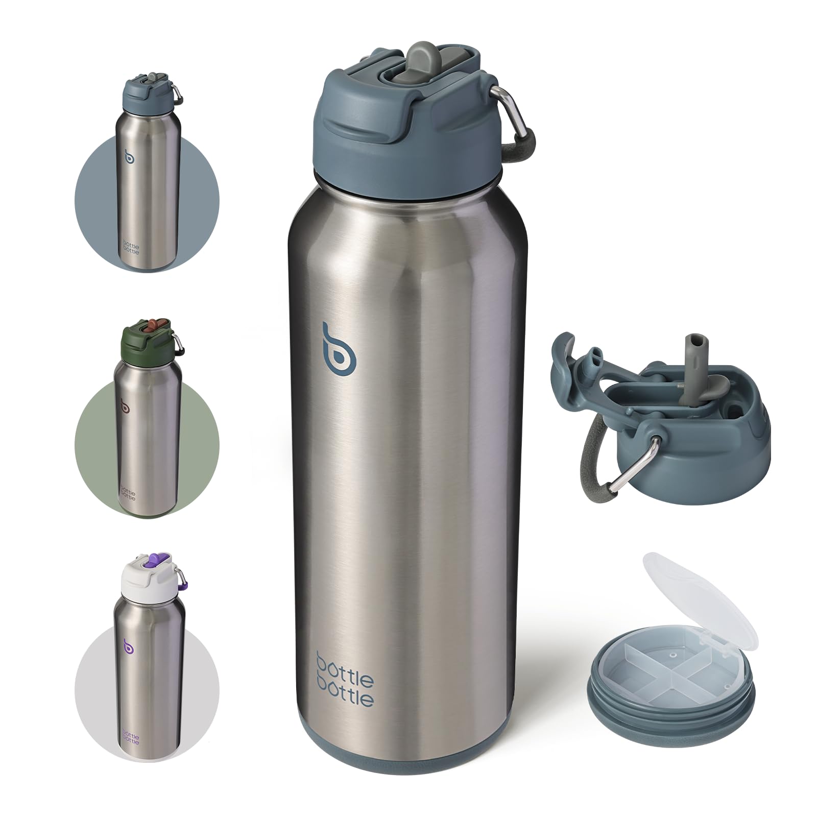 BOTTLE BOTTLE Borraccia termica con cannuccia, borraccia sportiva in acciaio inox con manico, borraccia sportiva per attività all'aperto, per pillole, 1 l (blu terra)