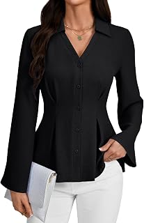 Rooscier Women's Collared V Neck Button Down Pleated Bell Long Sleeve Business Blouses Tops Price In India