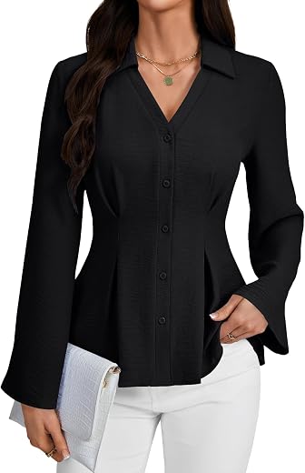 Rooscier Women's Collared V Neck Button Down Pleated Bell Long Sleeve Business Blouses Tops