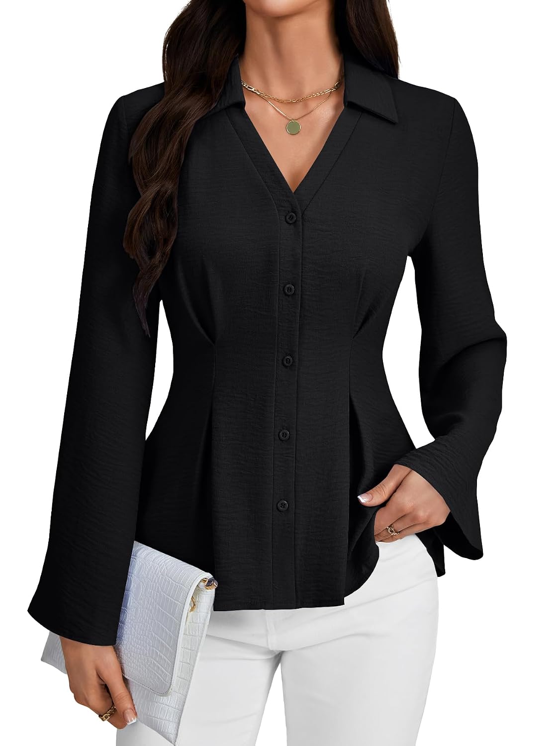 Rooscier Women's Collared V Neck Button Down Pleated Bell Long Sleeve Business Blouses Tops - Review, Price and Buying Guide
