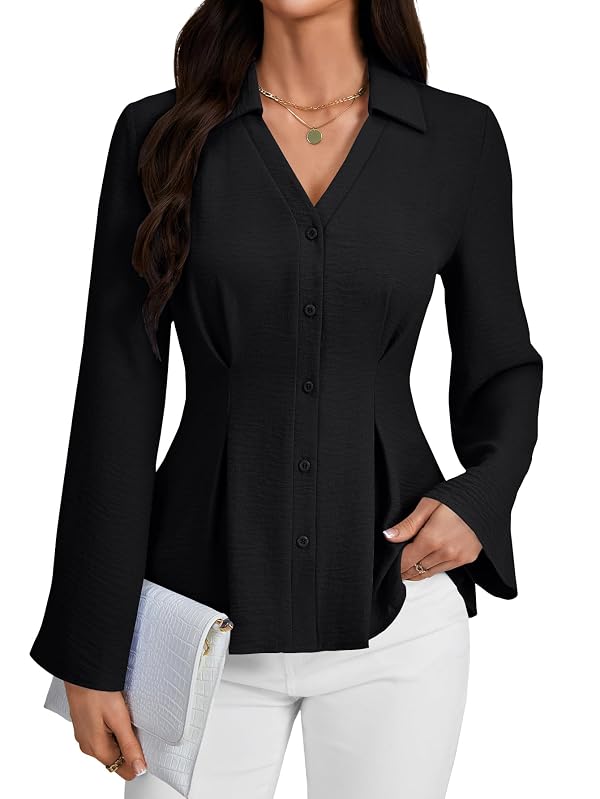 Rooscier Women's Collared V Neck Button Down Pleated Bell Long Sleeve Business Blouses Tops Black Medium by Rooscier - Used condition - US$26.64