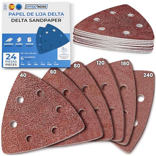 EffektWerk - Lijas Delta - Paquete de 24, 6 Agujeros - Almohadillas de Lijado Triangulares 93 x 93 x 93mm para Máquinas de Lijado Triangulares - Varios Tamaños de Grano (40, 60, 80, 120, 180, 240)