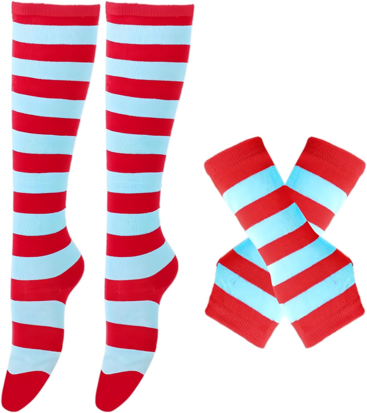 2 Pairs Thigh High Socks & Long Fingerless Gloves, Striped Knee High Socks and Arm Warmers for Girls