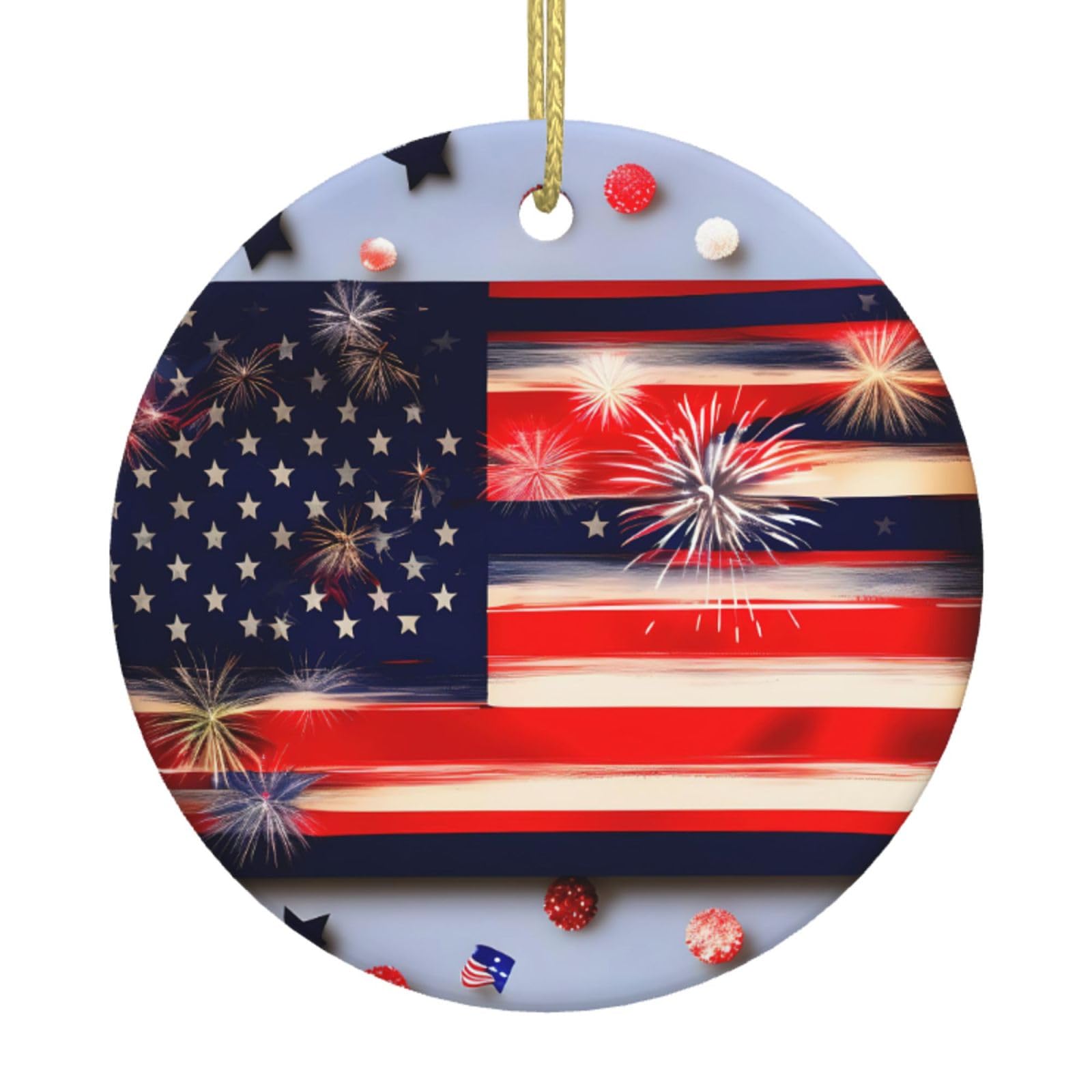 Firework American Flag 4th Of Julys Print Christmas Ornaments, Ceramic Hanging Ornament, Round Shape Decorations
