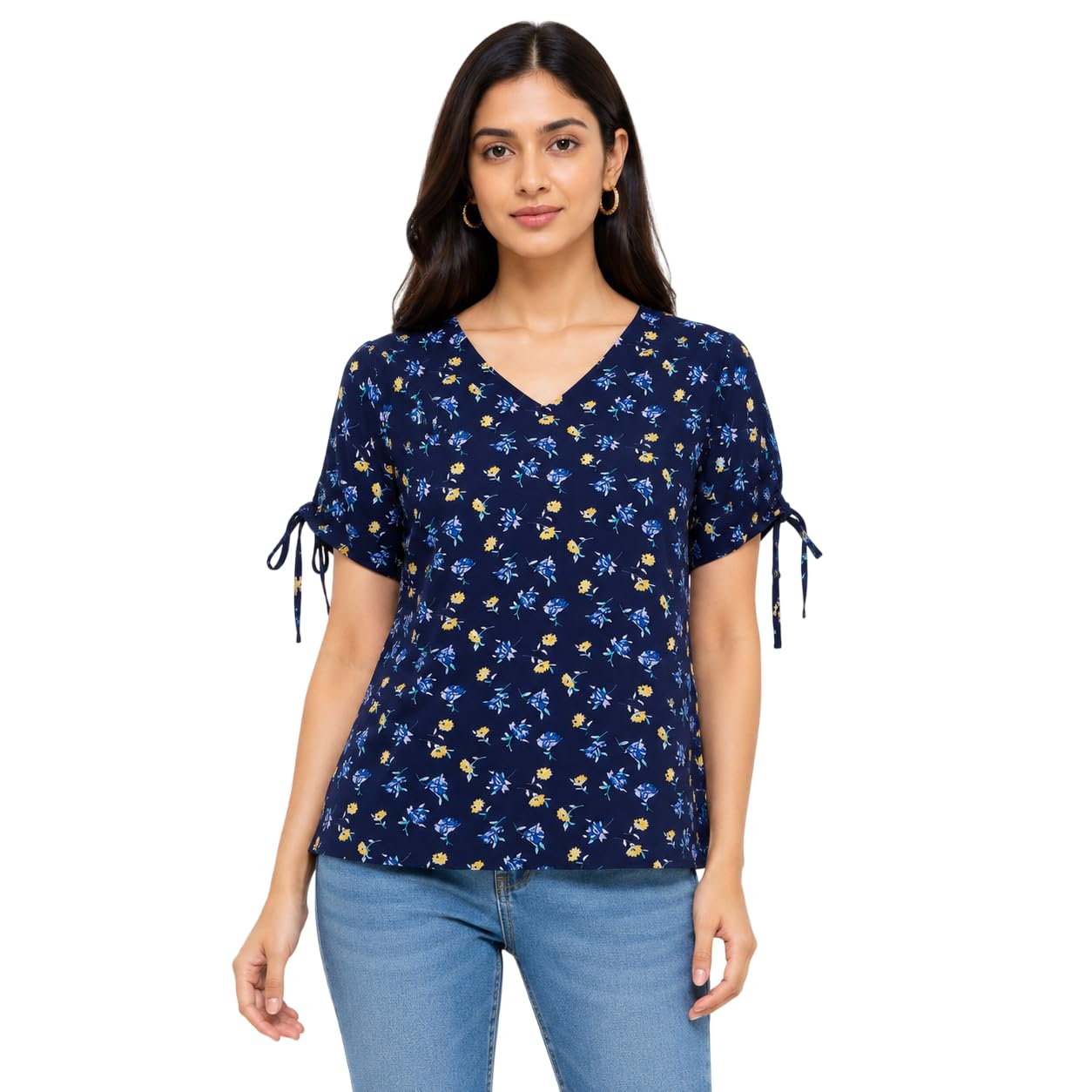 Women's Floral Print V-Neck Top with Tie-Up Sleeves-picture-51