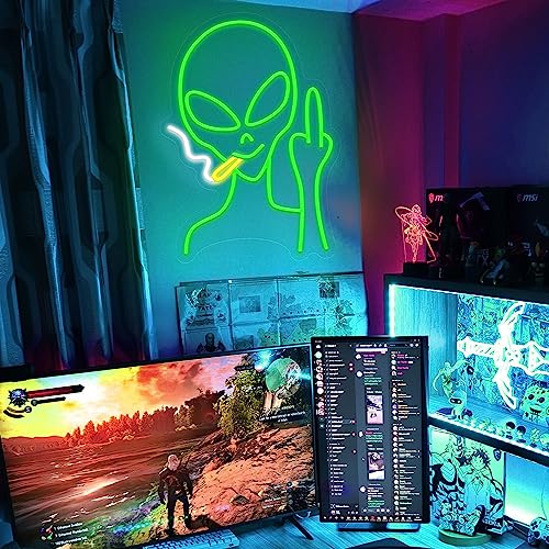 Green Alien Neon Signs, Dimmable LED Neon Signs for Wall Decor Bedroom Man Cave Game Room Home Bar Party Decor, LED Alien Neon Light for Kids Birthday Gift (Green Alien)