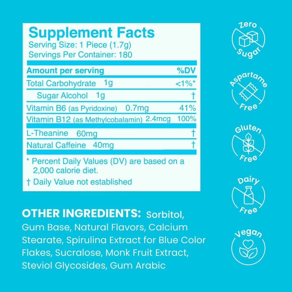 NeuroGum Energy Caffeine Gum (180 Pieces) - Sugar Free with L-theanine + Natural Caffeine + Vitamin B12 & B6 - Nootropic Energy & Focus Supplement for Women & Men - Keto & Vegan, Peppermint Flavor — Amazon image 6