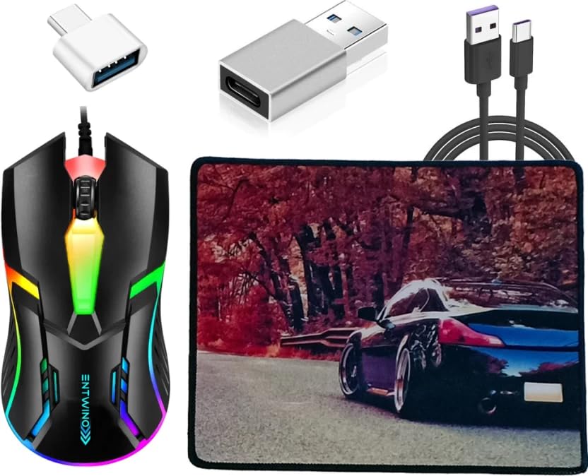 Image of ENTWINO Gaming Mouse Combo: RGB Lights, Mousepad, USB & C-Type OTG Cables � White or Black