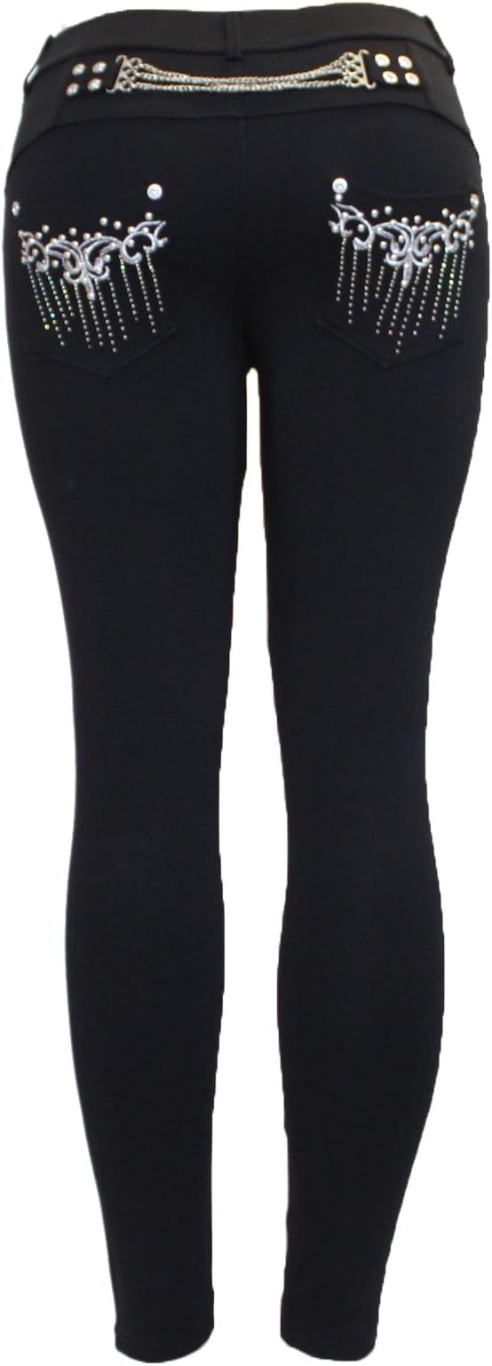 Stacey BLadies Women's Black Stretchy Chain Zip Diamante Skinny Jeggings Jeans Legging