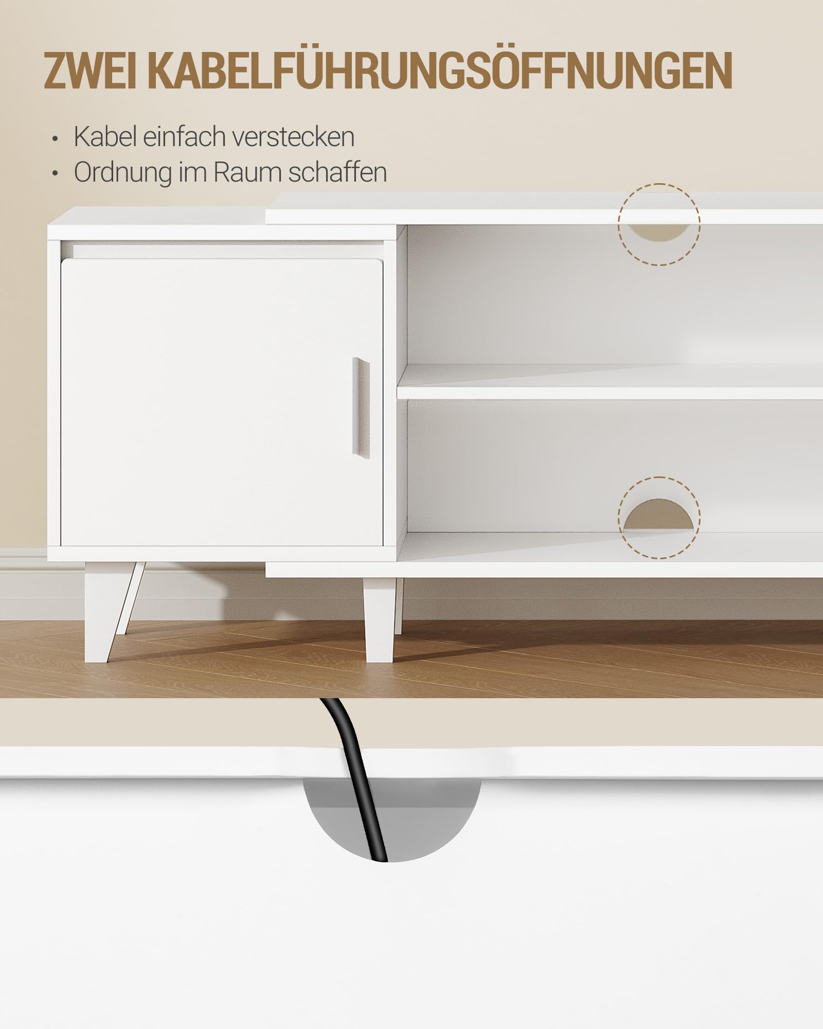 Hzuaneri TV- Schrank, Fernsehschrank, für TV-Geräte unter 65 Zoll, TV-Ständer mit 2 Schränken und 2 Freiflächen, 140 x 40 x 51,5 cm, für Wohnzimmer, Schlafzimmer, Esszimmer, Weiß TV16703E