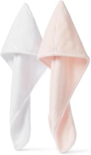 Amazon Basics Toalla de Microfibra de Secado Rápido para Secar el Pelo, Blanca/Rosa, Paquete de 2