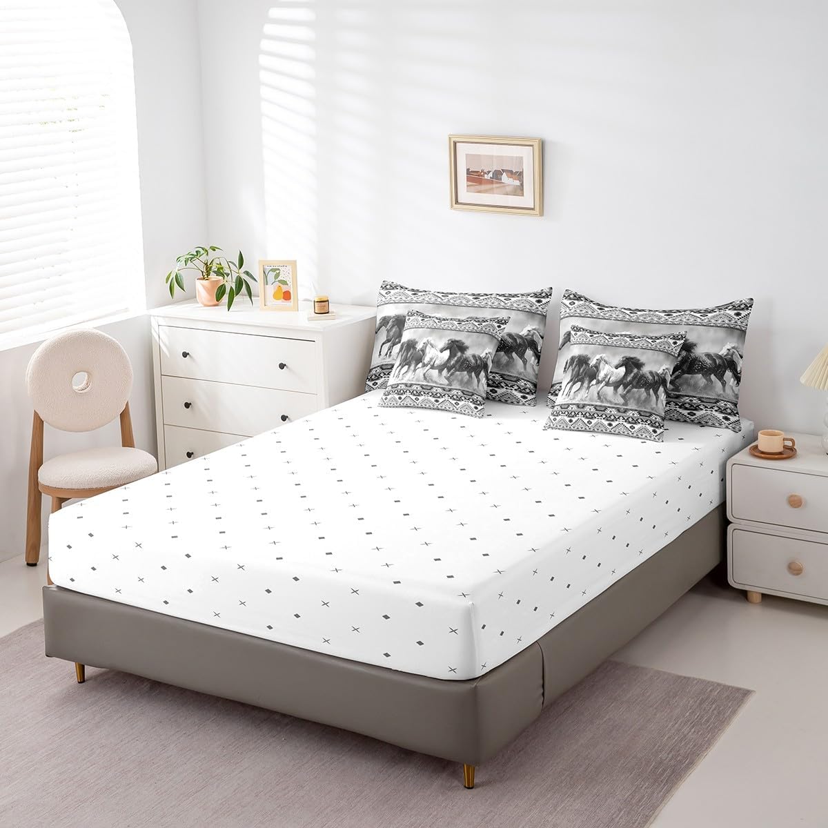 Manfei 7pcs Galloping Horse Comforter Set Twin, Animal Theme Bedding for Kids Boys Girls, Boho Grey Native Aztec Bed Set(1 Comforter,1 Fitted Sheet,1 Flat Sheet,2 Pillowcases,2 Throw Pillow Cover)