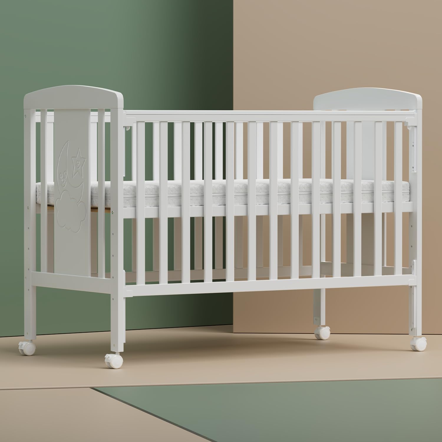 Lit en bois 3-en-1 pour bébé, berceau, lit convertible avec barrière de dentition, 5 positions réglables de base, matelas de 6 cm inclus, adapté de la naissance aux 4 ans, conforme à la norme EN716
