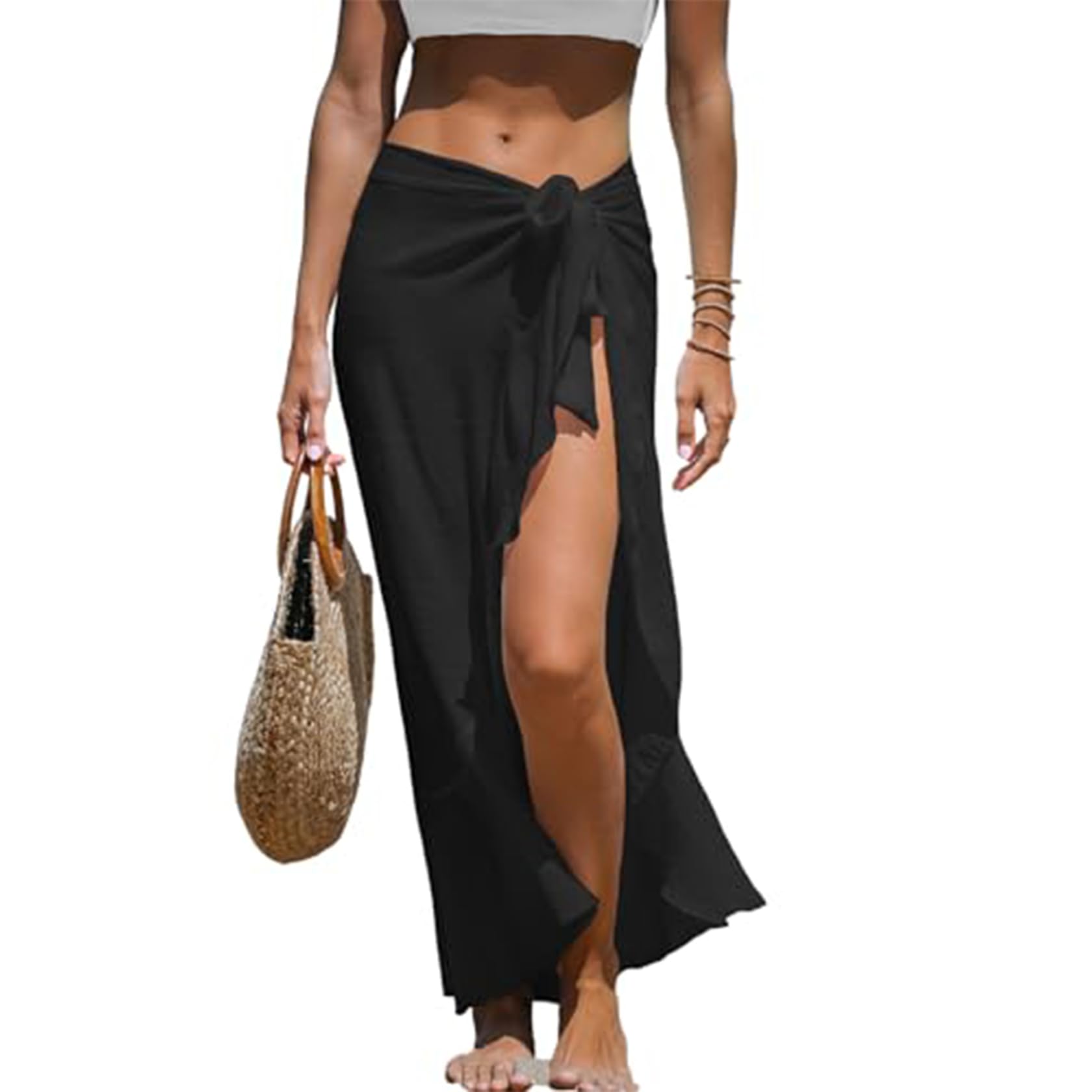 NIDONE Schwarze Sarong, Sarong -Wraps für Frauen Midi Ruffle Schwarz einstellbare Einheitsgröße Womens Beach Cover Up Bikini Badeanzug