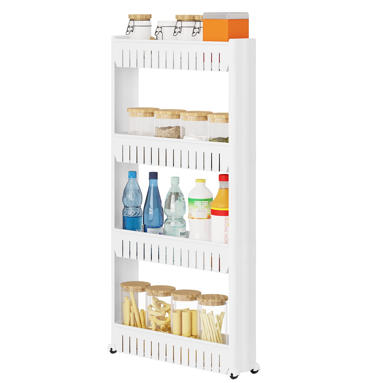 WOLTU Carrello da Cucina con Ruote, Carrellino da Cucina Salvaspazio a 4 Livelli, Scaffale Stretto Portaoggetti per Bagno, Ufficio, in PP, Bianco, 54x13x102cm, RGB36ws