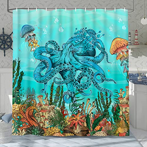 Ikfashoni 4 Pcs Octopus Nautical Shower Curtain Sets With Rugs, Toilet Lid Cover And Bath Mat, Ocean Kraken Tentacle Shower Curtain With 12 Hooks, Jellyfish Sea Animal Shower Curtains For Bathroom #TOP2