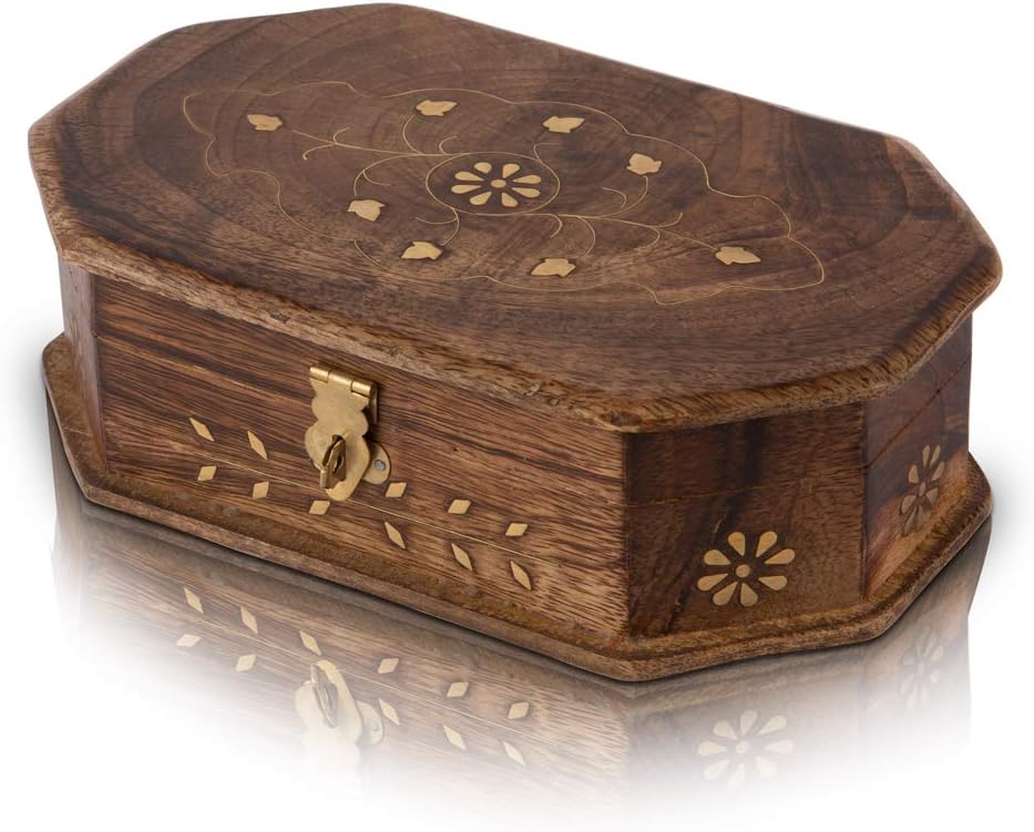 Great Birthday Gift Ideas Handmade Decorative Wooden Jewelry Box With Free Lock & Key Jewelry Organizer Keepsake Box Treasure Chest Trinket Holder Lock Box Watch Box 8 x 5 Inches