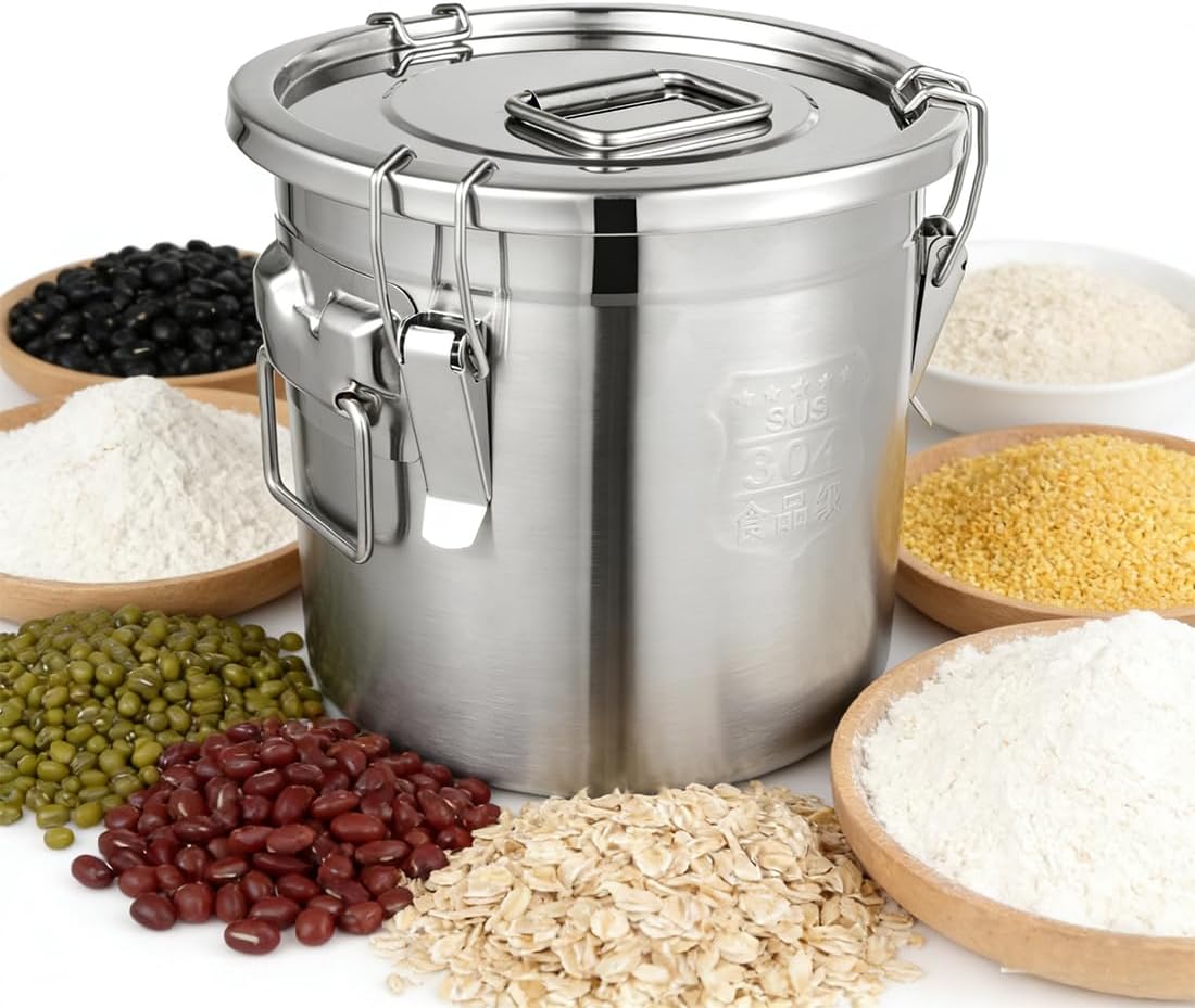 12L Stainless Steel Airtight Canister，Food Oil Sugar Milk Storage Bucket ， Rice Cereal Grain Tank Cans Container with Handles+Lid Cylinder Jar for Household Kitchen Bar Restaurants