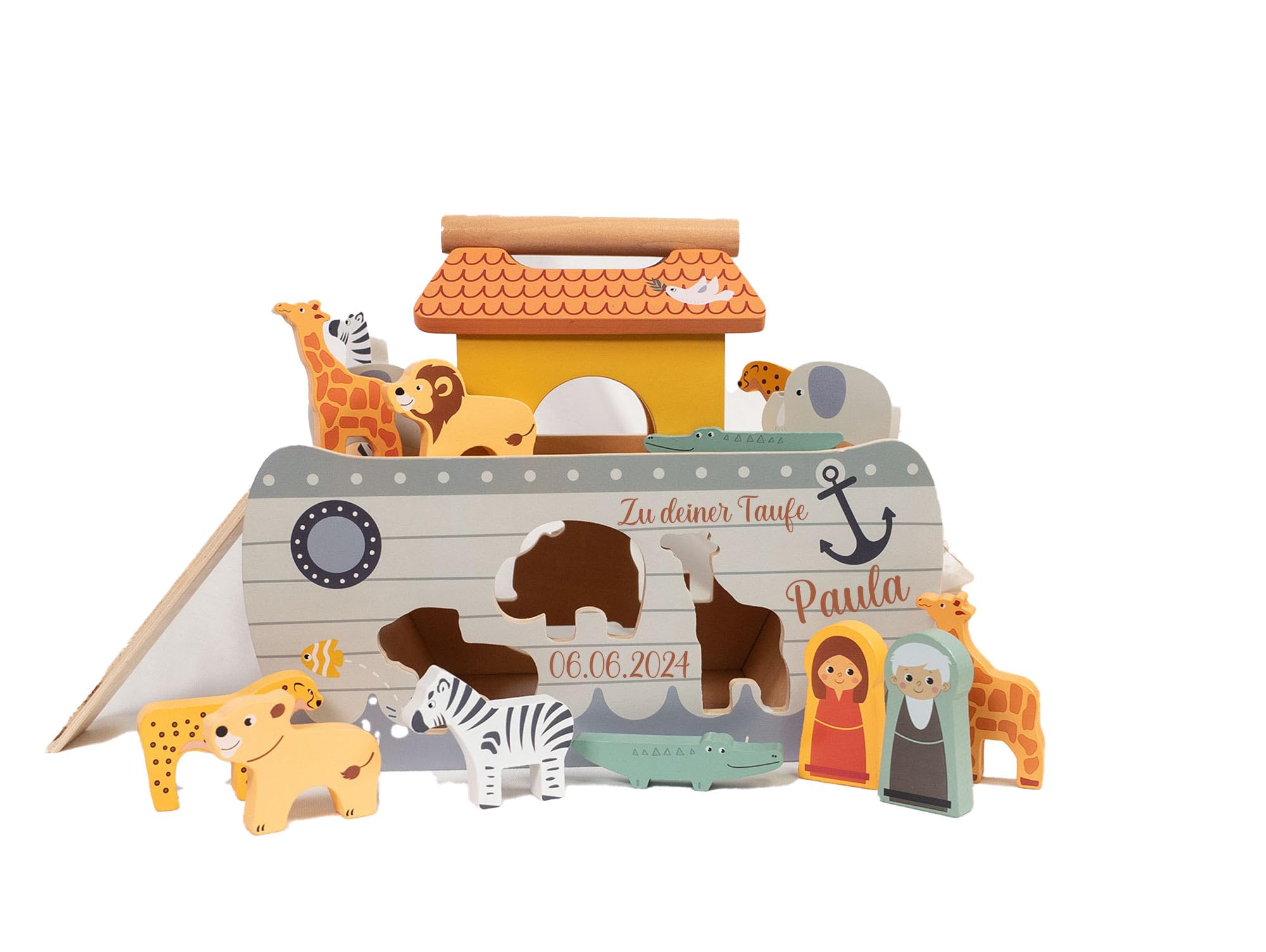 minipishop® - Taufgeschenk ARCHE NOAH aus Holz personalisiert für Jungen Mädchen Steckspiel Spielzeug außergewöhnliches Taufgeschenk von Großeltern I Small Foot Holzspielzeug