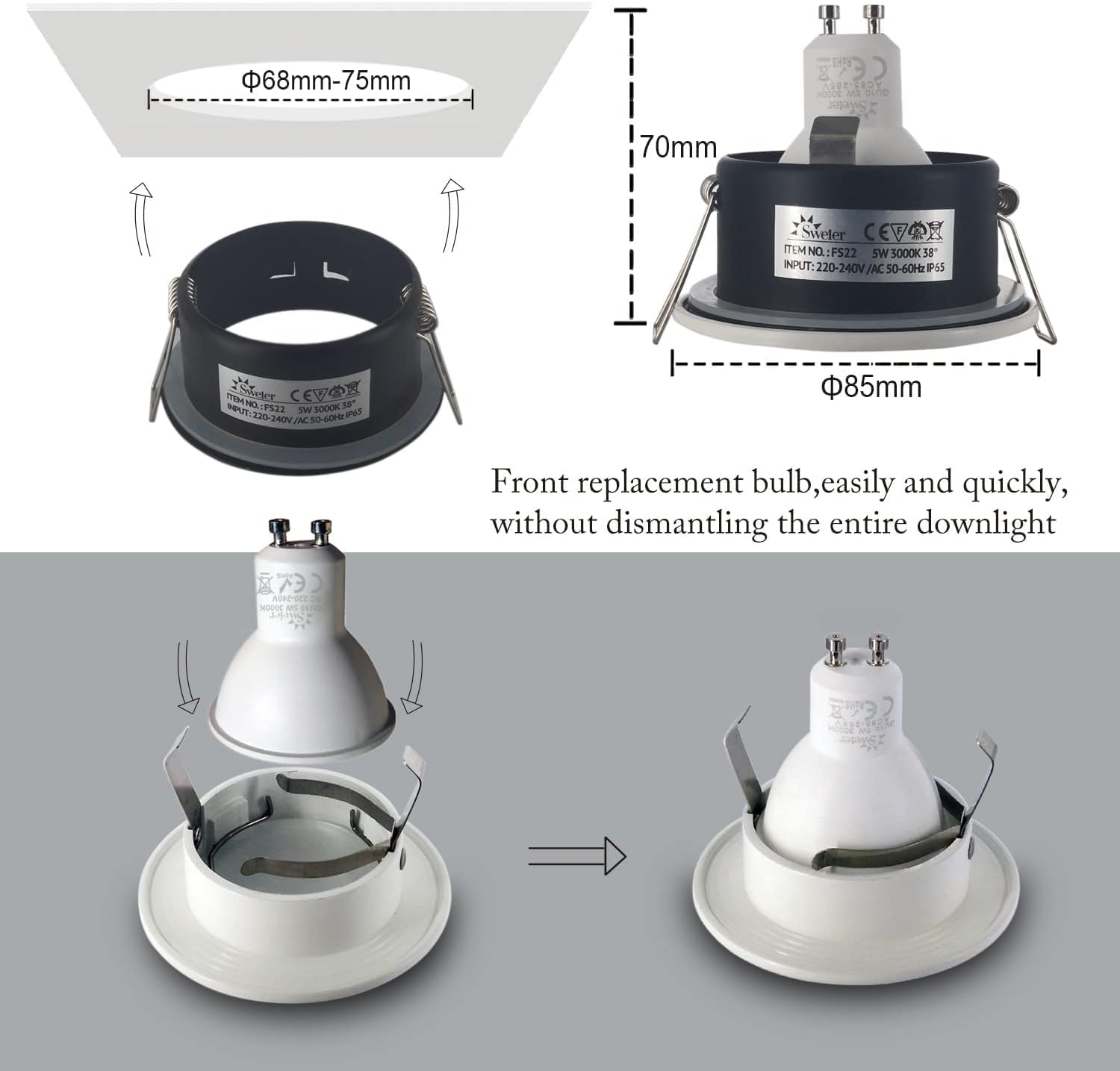Spot Encastrable IP65, GU10 Downlight Plafond Encastrés à LED étanches Pour Salle de Bain et Cuisine (Ampoule Non Incluse) Trou Φ68mm Lot de 4