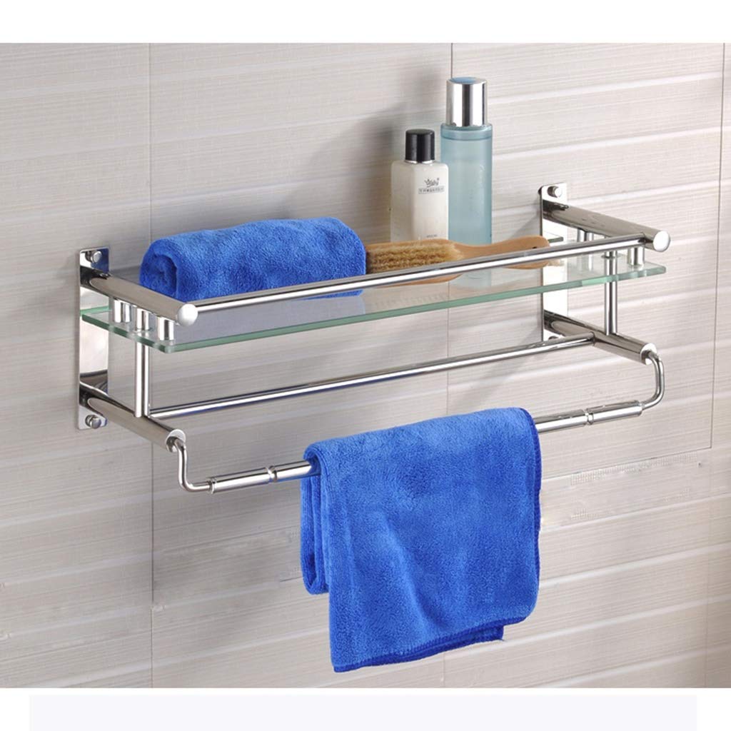Estante de cristal de baño de acero inoxidable montado en la pared con barra para toallero, estante de almacenamiento de vidrio templado de 60 cm, elegante organizador de baño de 1 nivel para uso