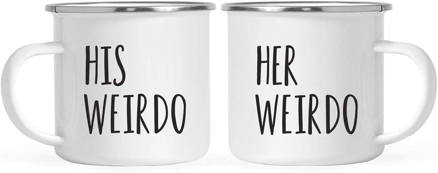 Andaz Press Stainless Steel Campfire Coffee Mugs Gift Set, His Weirdo, Her Weirdo, 2-Pack, Husband Wife New Couple Gifts Metal Enamel Campfire Camp Cup, Includes Gift Box