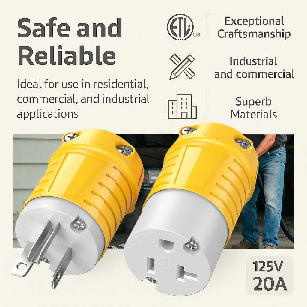 NEMA 5-20R Straight Blade Connector, 20 Amp Female Electrical Outlet Cord Extension Cord Ends Plug Replacement, 125 Volt, 2 Pole, 3 Wire Grounding, Industrial Grade, Heavy Duty, ETL Listed 2-Pack