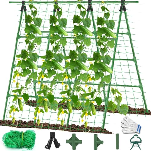 A-Frame Cucumber Trellis for Raised Bed - 63”H x 47”W, Heavy-Duty Detachable Garden Trellis with Netting & Clips, Support for Climbing Outdoor Cucumber, Tomatoes, Luffa, Bitter Melon, Vining Flowers