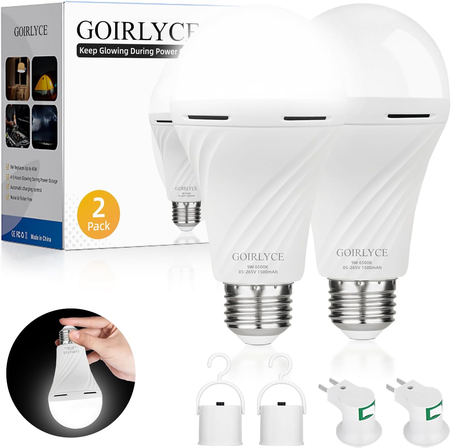 Rechargeable Emergency Light Bulbs, 6 Pack Battery Powered LED Light Bulb with 9W Daylight E27 6500K 1800mAh, Equivalent Self-Charging LED Light Bulbs for Home Power Outage Camping Hurricane Hiking