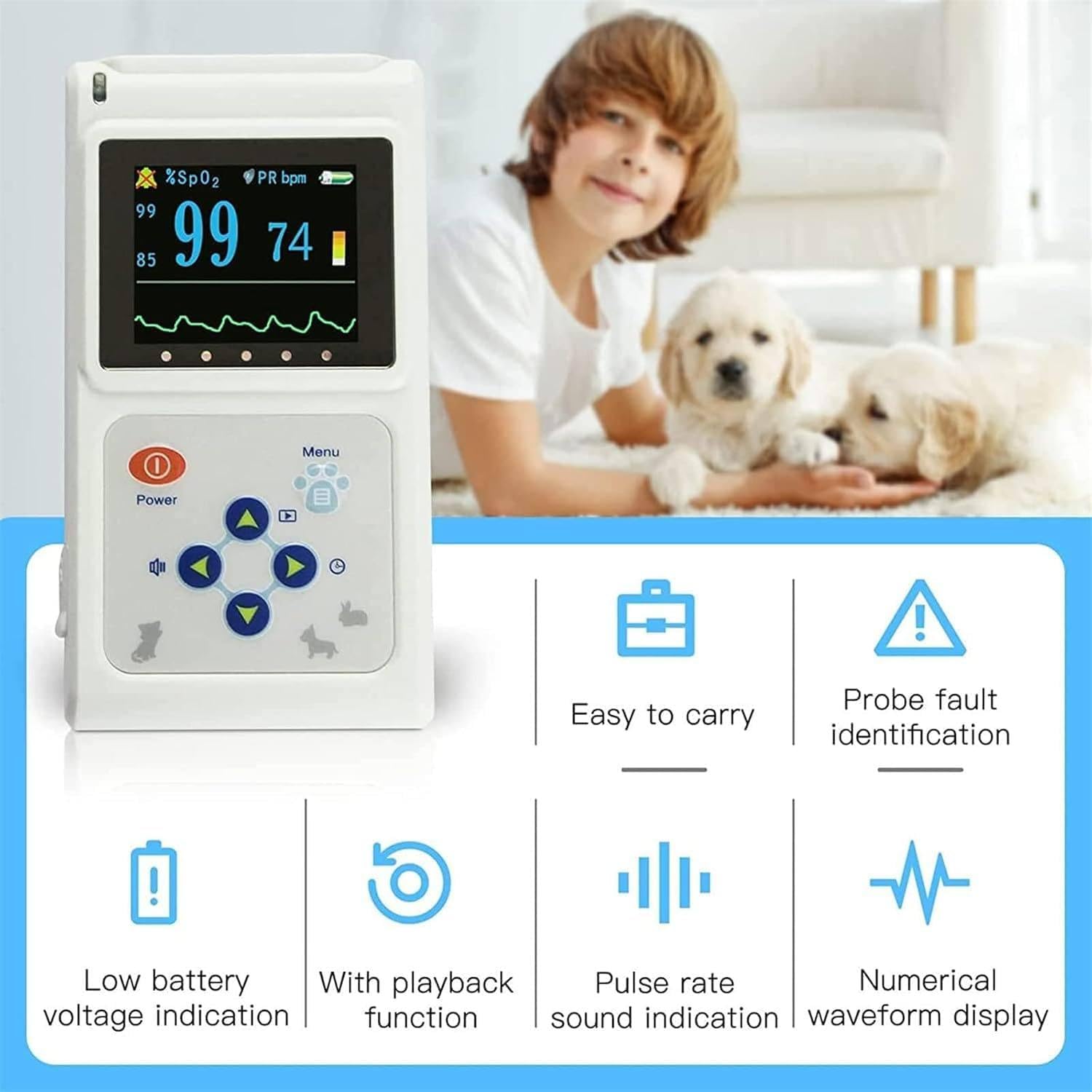 Handliches Spo₂-Monitor Für Haustiere, Misst Blutsauerstoff Und Herzfrequenz Mit Ohr-/Zungensensor, Speicher- Und Wiedergabefunktion, Für Zuhause Und Tierkliniken