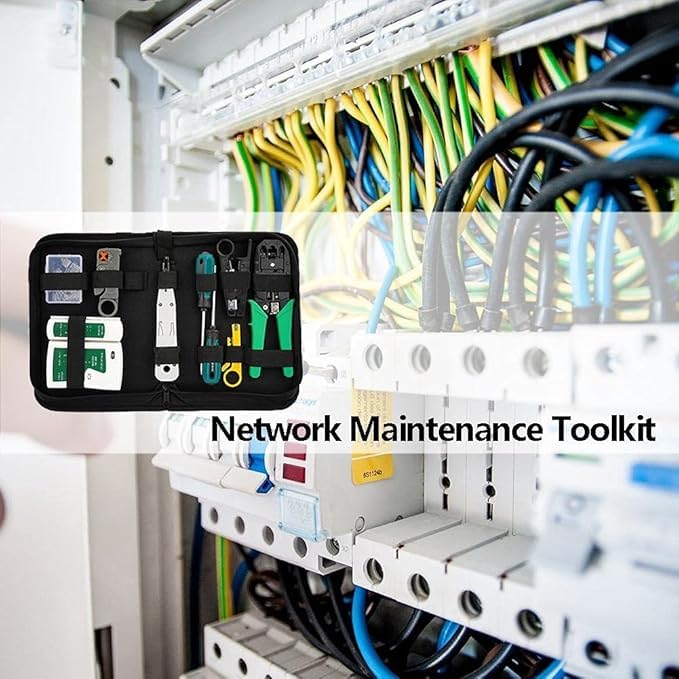 SQUADO Set di Attrezzi per Riparazione di Rete Professionale, Tester per Cavi di Rete, Cavi Patch, Tester per Computer, RJ11 RJ45, Borsa Porta Attrezzi Nera