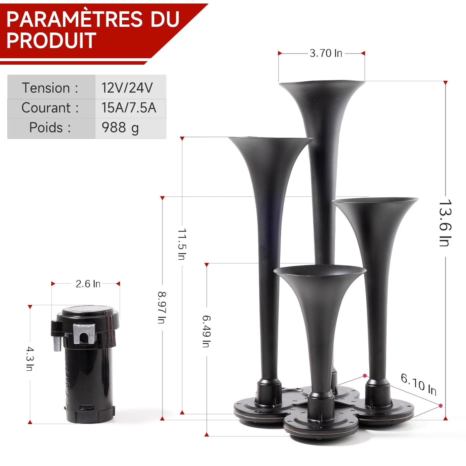 FARBIN Klaxon Camion 12V à 4 Trompettes Klaxon de Train avec Compresseur | Puissant 150dB,klaxons de voiture, universel pour camion pickup jeep SUV train voiture bateau