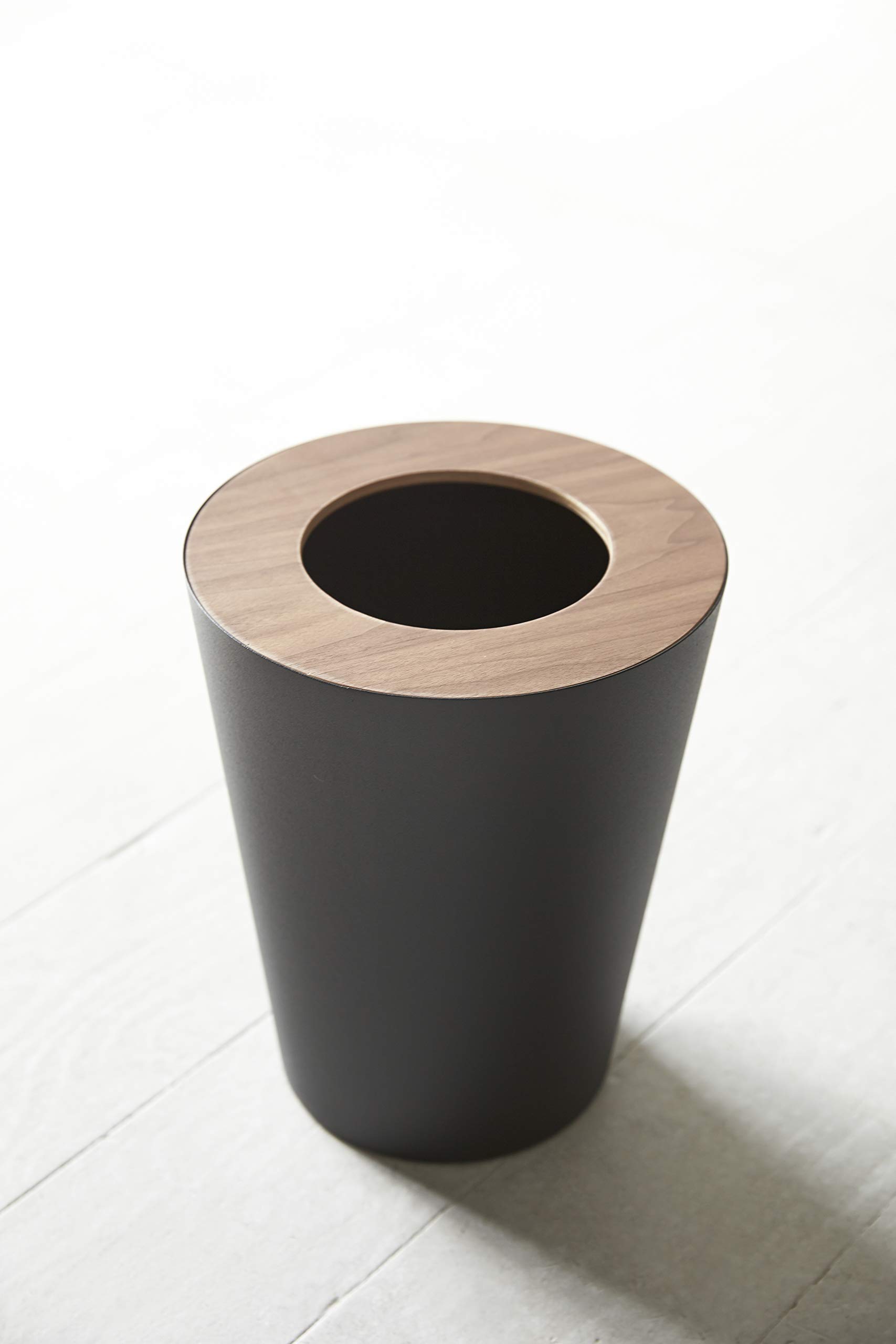 YAMAZAKI 3197 RIN Trash Can Round, black, Steel/Wood, 23 x 23 x 28 cm
