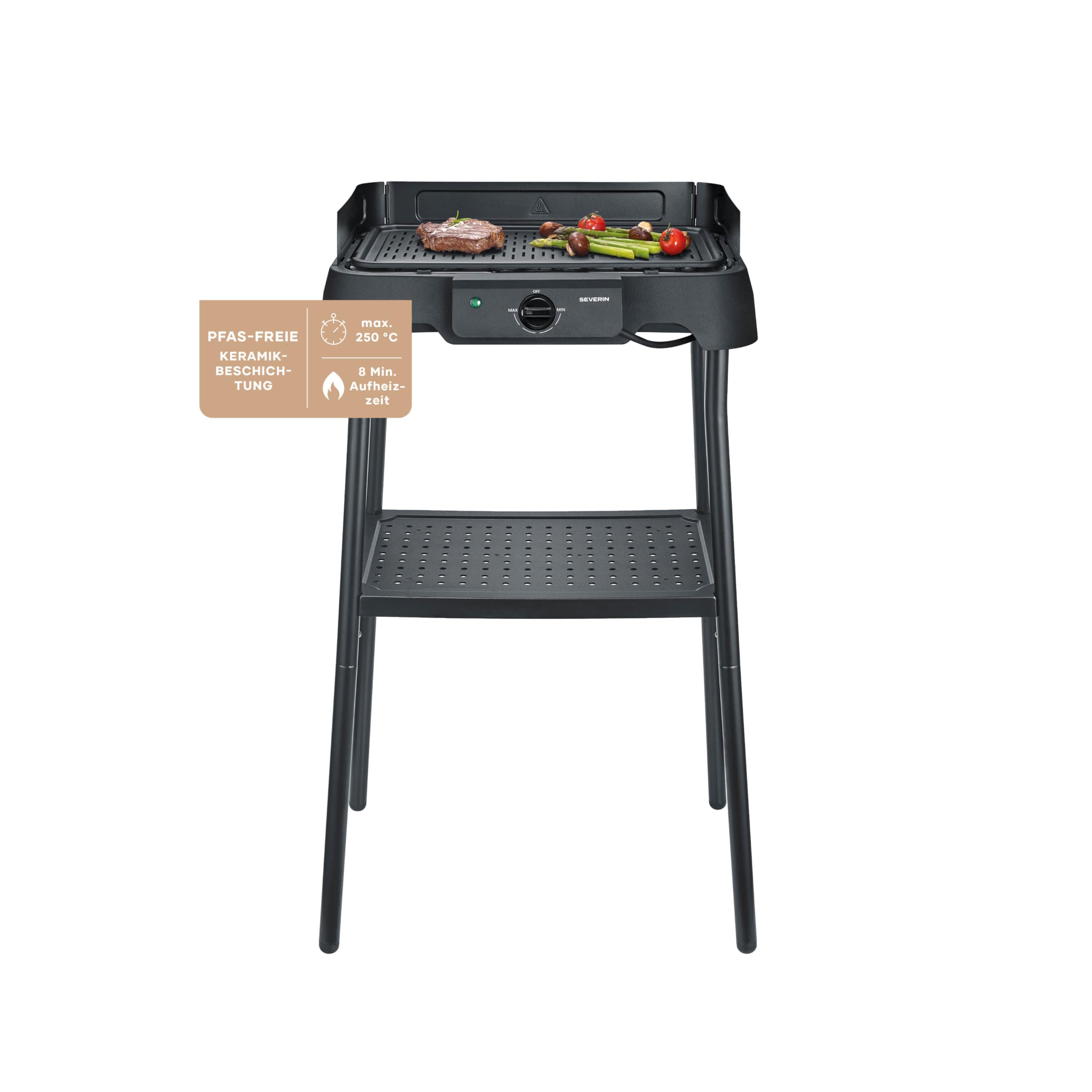 Severin Tischgrill mit Standfuß, Standgrill & Tischgrill (Innen- & Außennutzung), Balkon & Küche, Temperaturen 40-220°C, schnelles Aufheizen, 39x23cm, leichte Reinigung, 2000W, schwarz, PG 8596