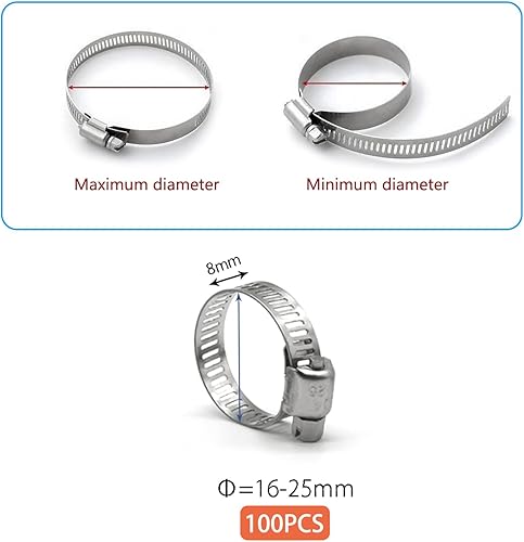 Miniatura 4 de Abrazadera de manguera, paquete de 100 abrazaderas de manguera de acero inoxidable con engranaje helicoidal para línea de combustible y tubo,