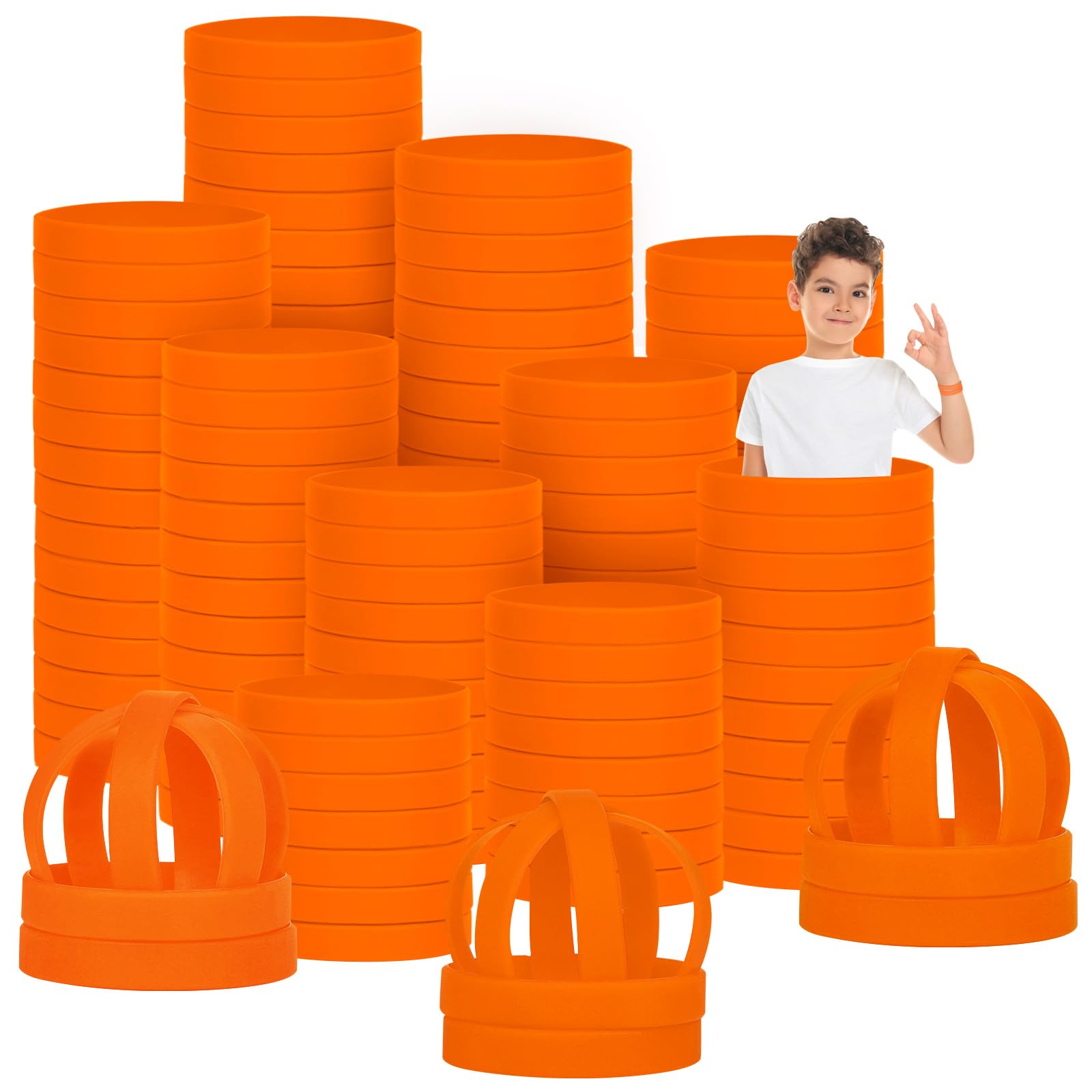 LVNRIDS 200 PCS Silicone Wristbands Rubber Bracelets for Kid, 6.3 inch Orange Silicone Wrist Bands for Business School Activity Party Events Music Festival