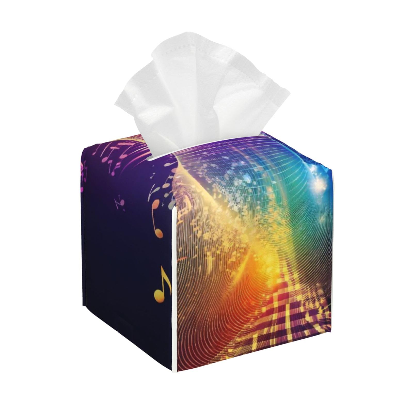 Colorful Neon Music Notes Leather Tissue Box Cover Holder Square Facial Paper Organizer 5.2" X 5.2" X 5.2"