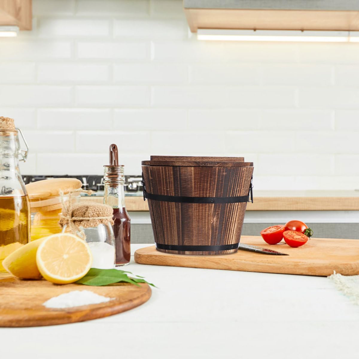 Contenitore per Alimenti in Legno Naturale con Coperchio Secchio da Cucina per Sushi e Riso Materiale Ecologico Manici Antiscottatura per Servire e Conservare