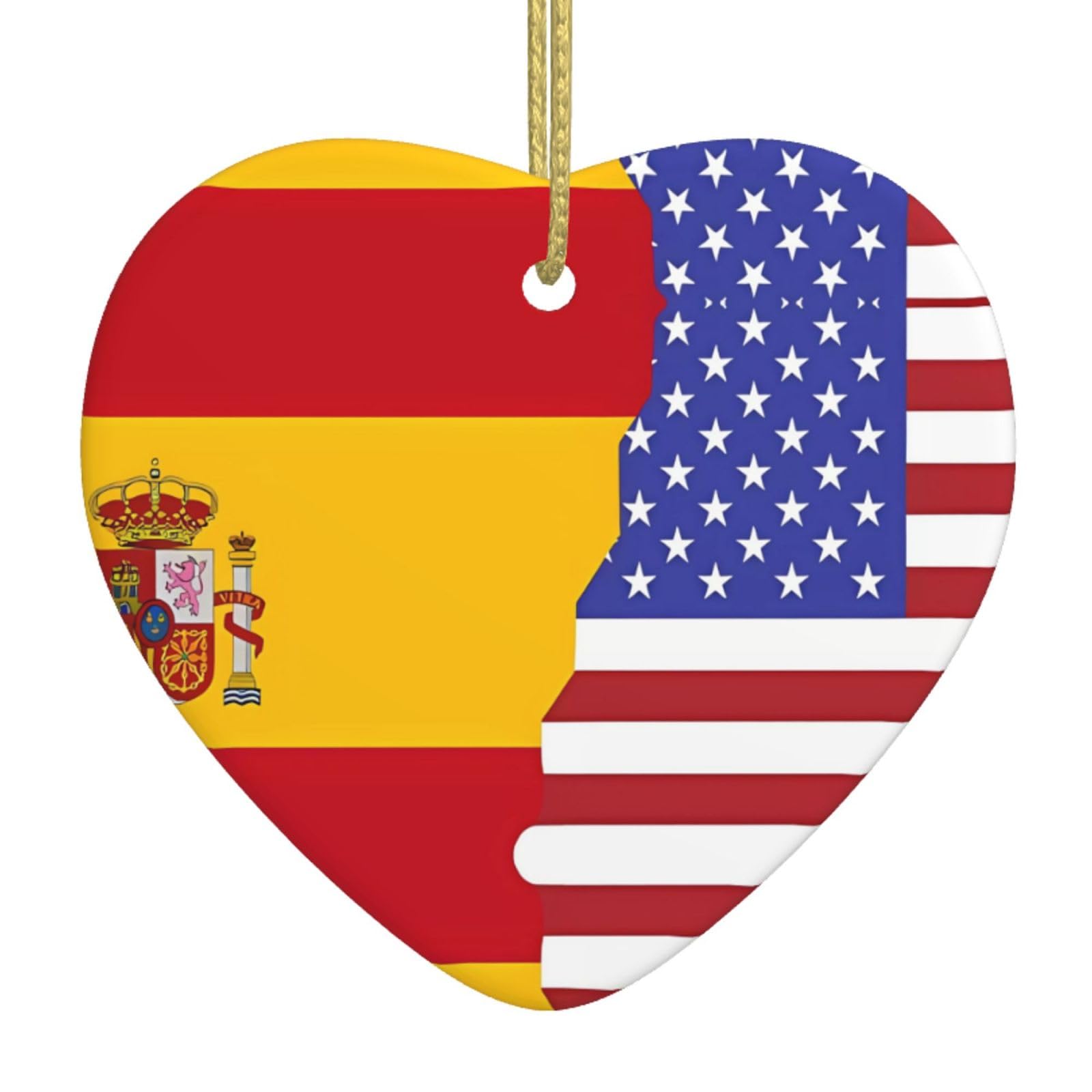 American Spain Flag Ceramic Christmas Heart Pendant with Silk Thread, Christmas Tree Home Decoration