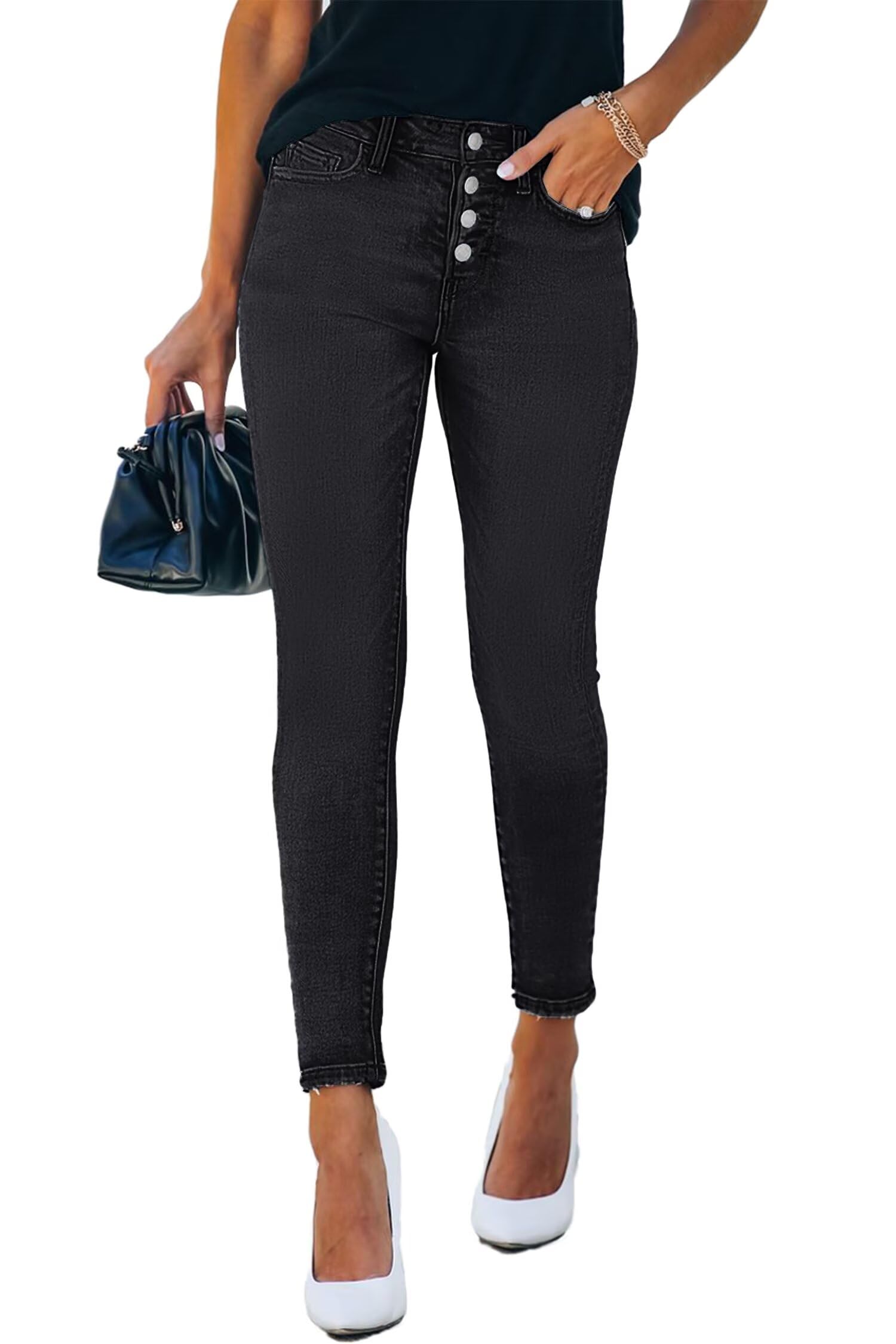 Photo 1 of Allimy Womens Jeans Button Fly Stretchy Skinny High Waisted High Rise Boyfriend Cute Jeans for Women Trendy Plus Size Denim Pants Black US 14