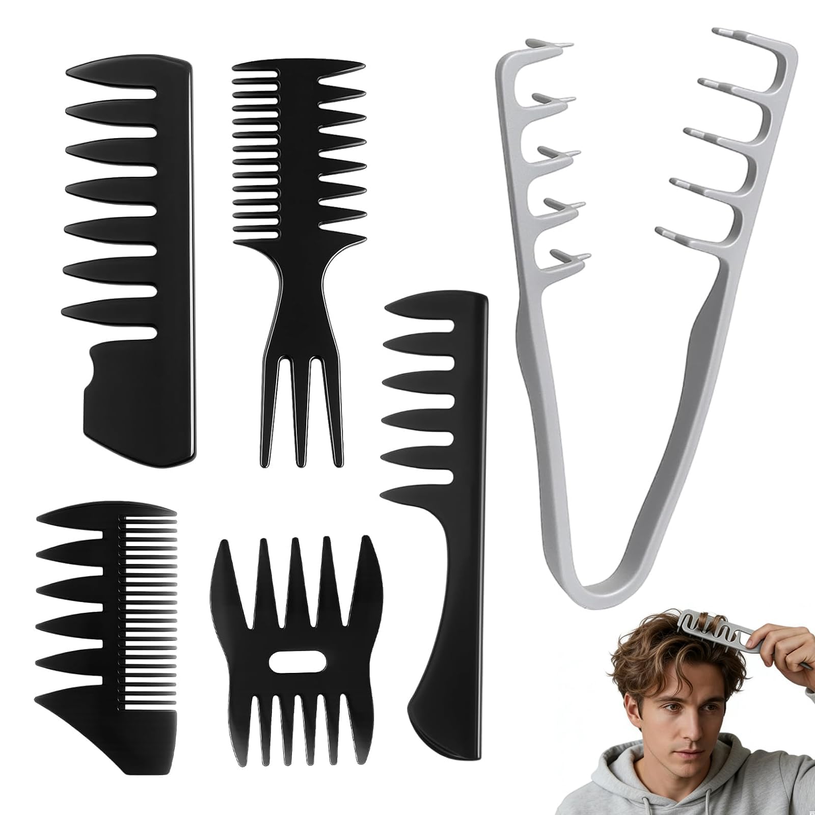 6Pcs Texture Comb for Men, Styling Hair Comb Pack for Daily Grooming, Curl Comb for Wavy Hairstyles and Salon Backup-picture-11