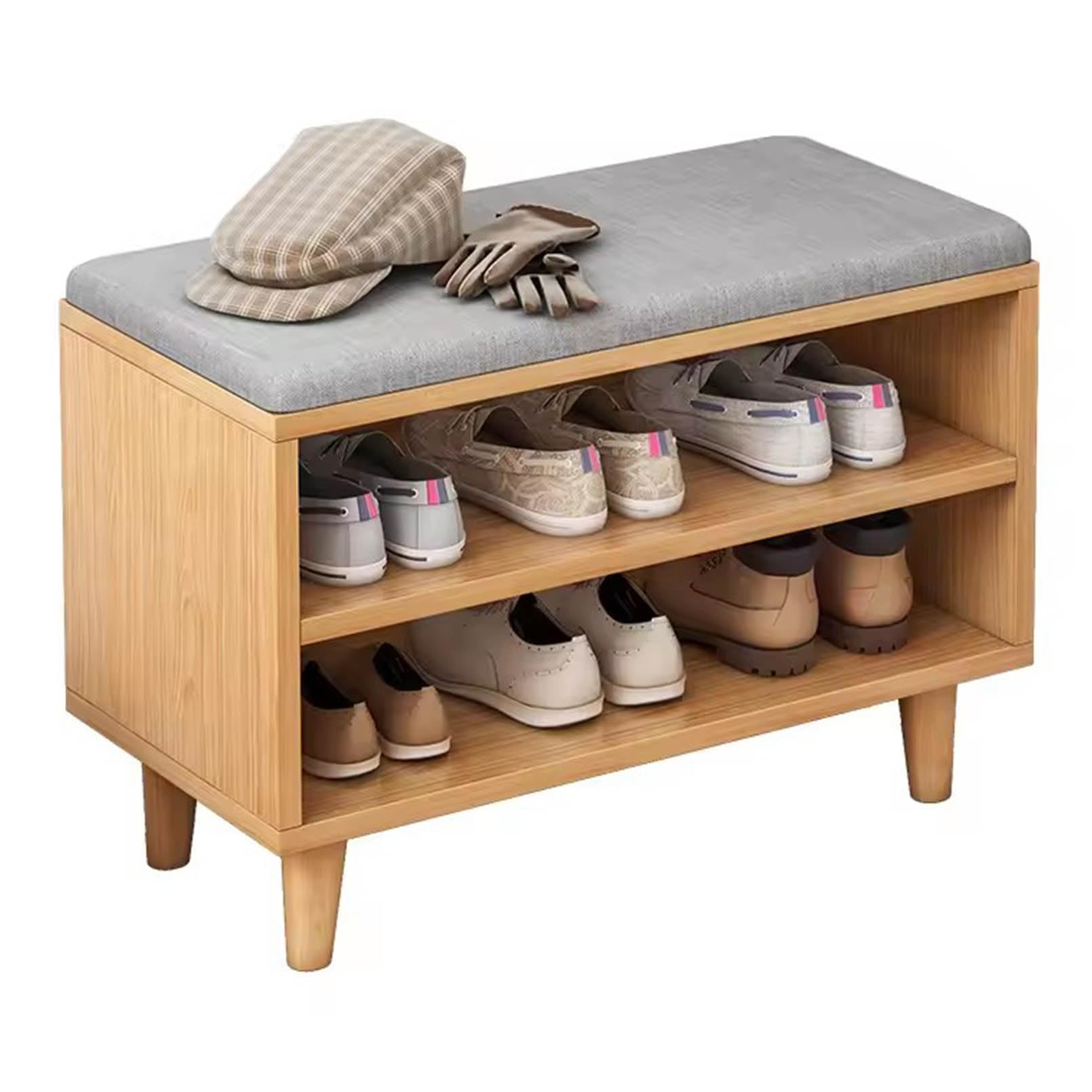 Banc d'entrée avec étagère à chaussures et compartiments ouverts pour optimiser l'espace