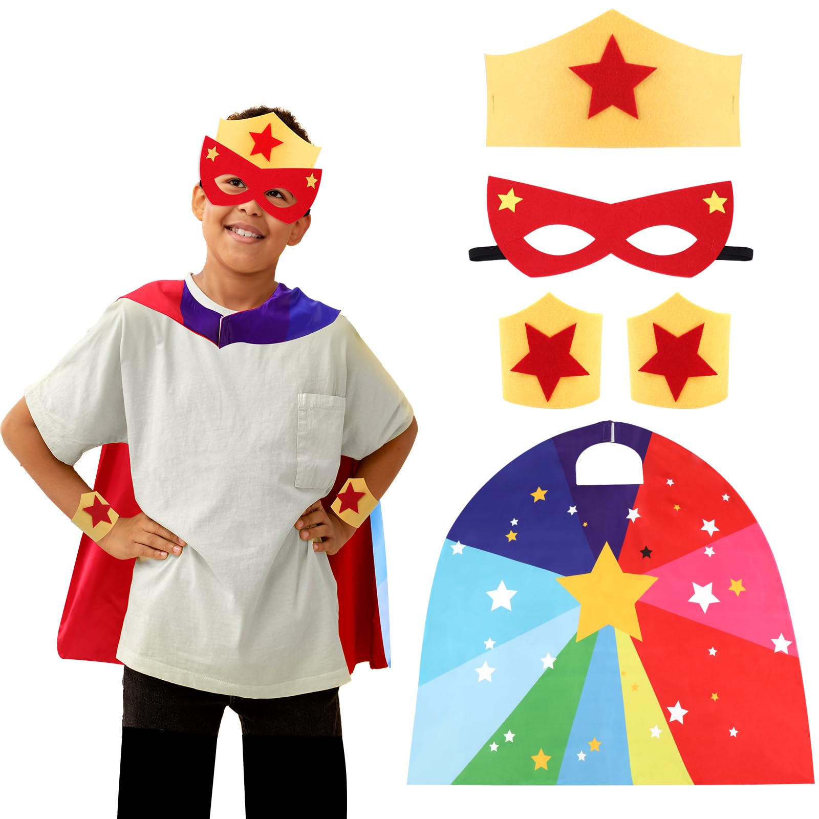XEPST Capa de Superhéroe para Niños, conjunto de disfraz de Superhéroe de 5 piezas con Pulseras de Corona de Capa de Máscara de Superhéroe para Niños Cosplay de Carnaval de Halloween, Niño