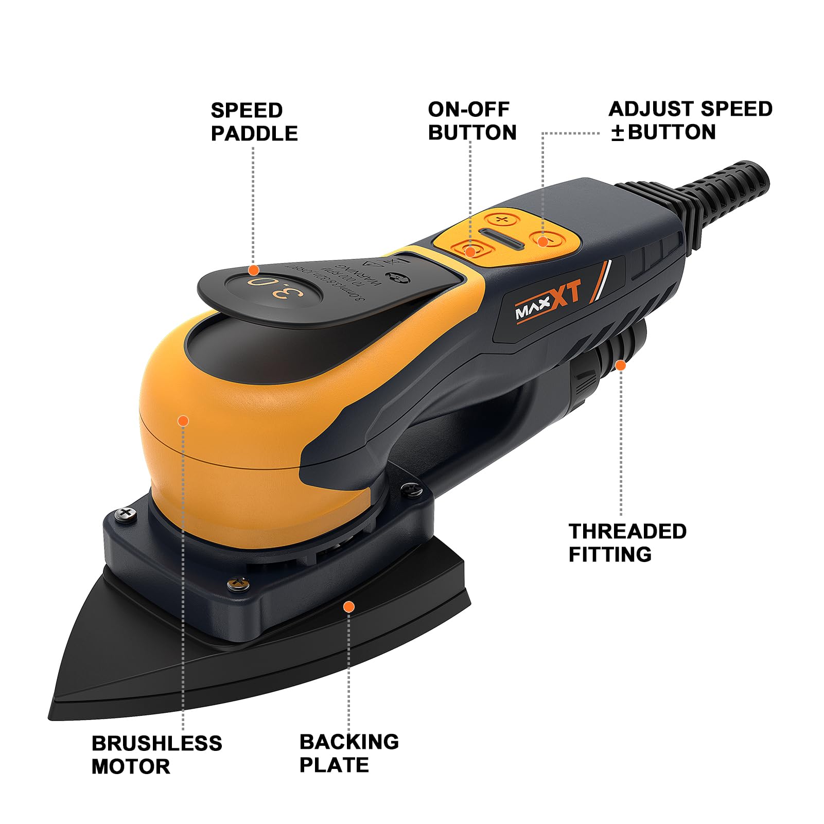 MAXXT Professional Brushless 3mm Triangular Sander, 350W Strong EC Motor, Speed Control, Delivery with 10 Premium Sandpaper for Precision Grinding