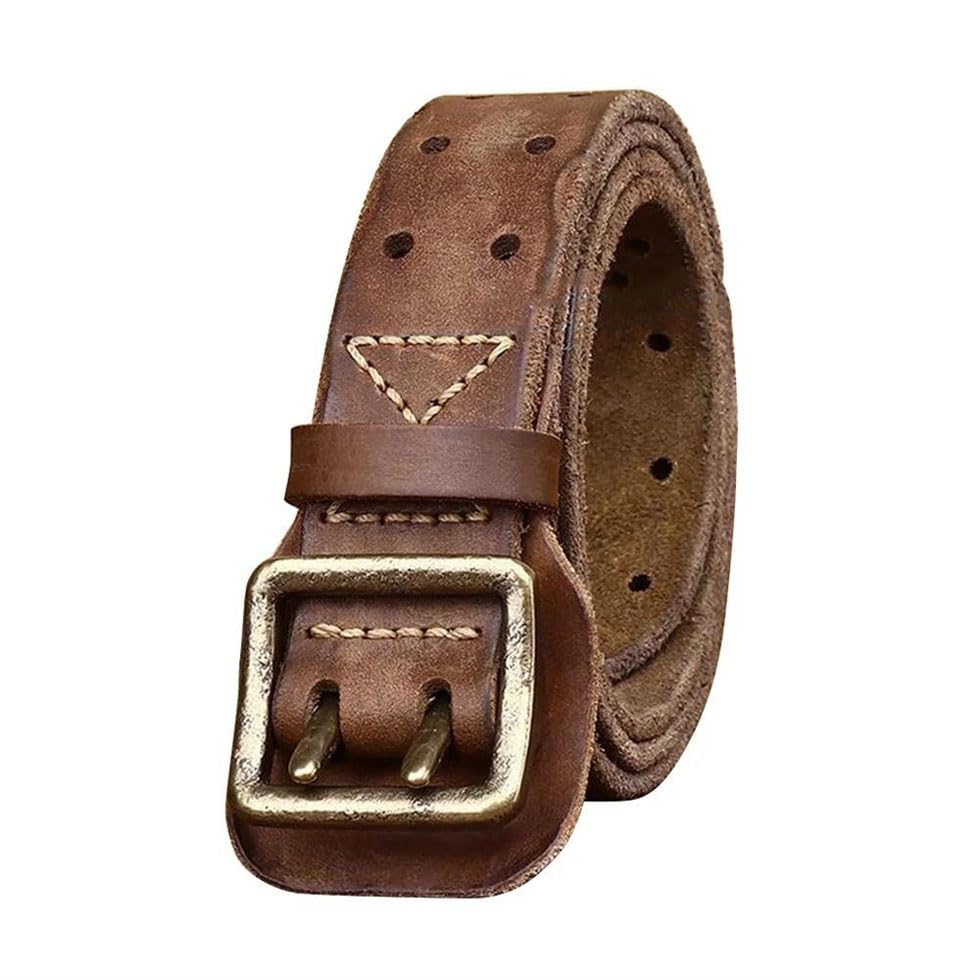 Pohullan Men Leather Double Brass Metal Pin Belt 3.8cm Wide Vintage Adjustable Leather Belt2
