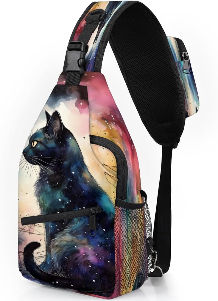 Black Cat Crossbody Sling Backpack Sling Bag, Small Chest Bag Daypack Fanny Pack Cross Body Bag for Hiking Traveling Outdoors, Starry Sky Stars